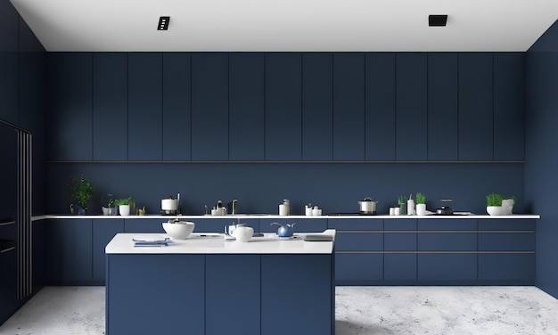 Синяя кухня с черной столешницей и белой раковиной
