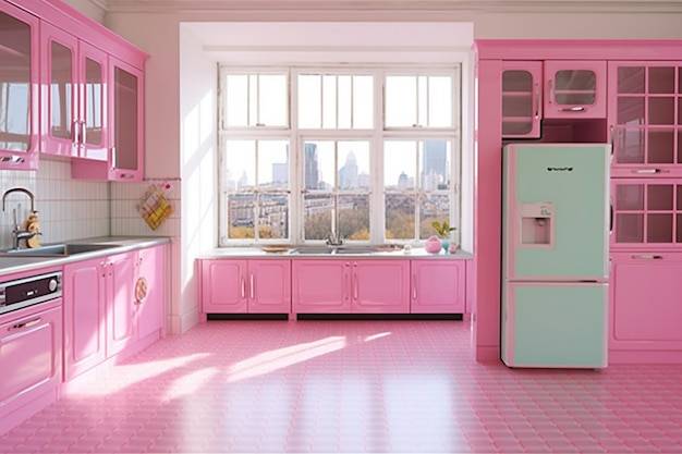 Кухня с розовым холодильником и окном с надписью «hello kitty» на фасад