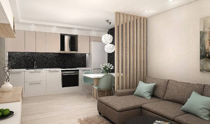 Современный дизайн и интерьер гостиной с кухней в современном стиле