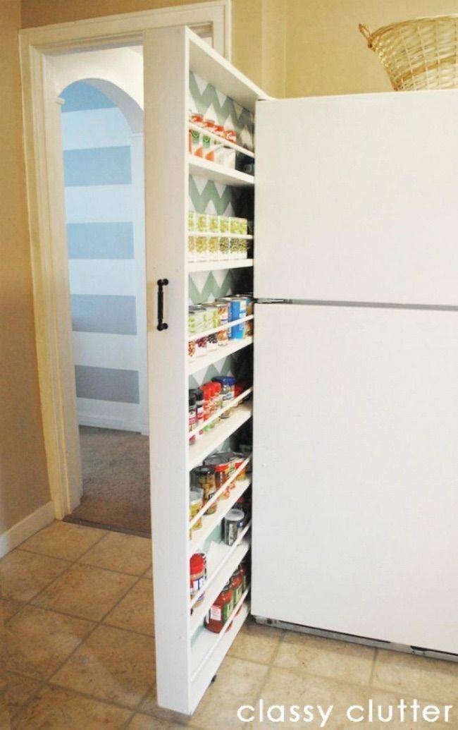 Узкая выдвижная полочка между стеной и холодильником для хранения мелких предметов