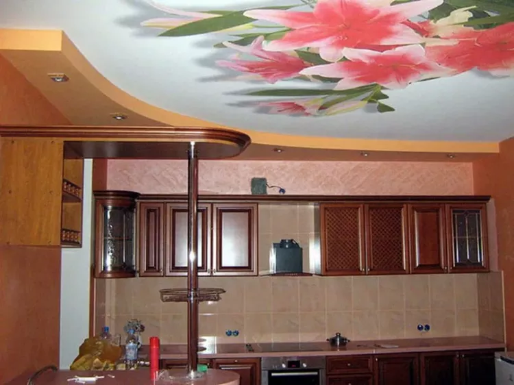Натяжные потолки на кухню с рисунком