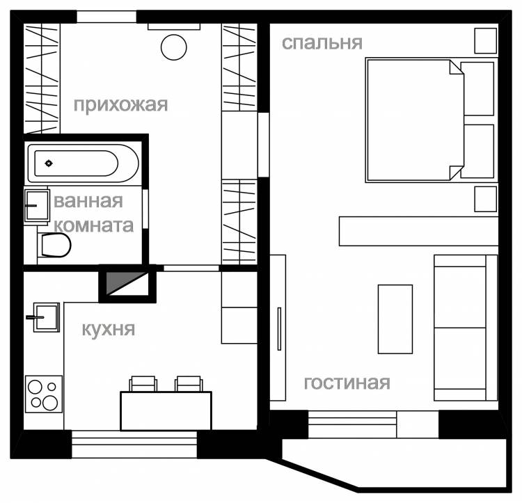 Дизайн решения для однокомнатной квартиры серии П
