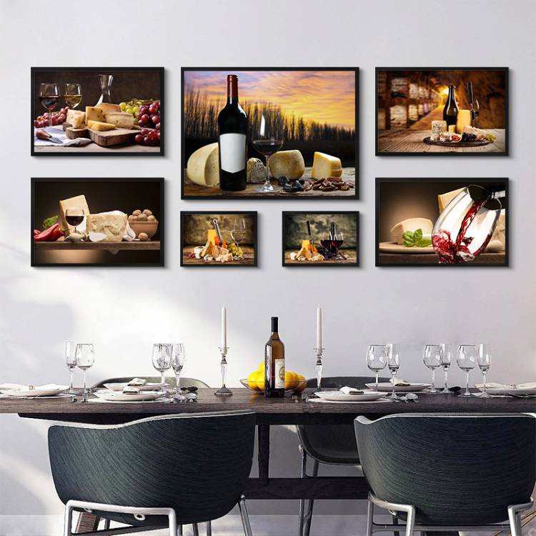 Современный винный натюрморт, красный и белый виноград в бокале с сыром, Картина на холсте, печать, постер для кухни, столовой, домашний декор
