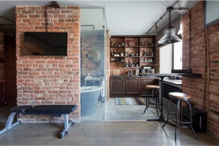 Кухня в стиле лофт в квартире, дизайн, интерьер, фот