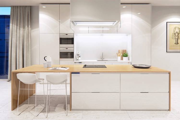 Дизайн красивых и современных кухонь в белых цветах с деревом, в стиле минимализм, из натуральных материалов