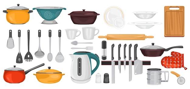 Кухонная утварь кухонная утварь с иконками чашек, ножей и сковородок с кастрюлями и векторной иллюстрацией тарел