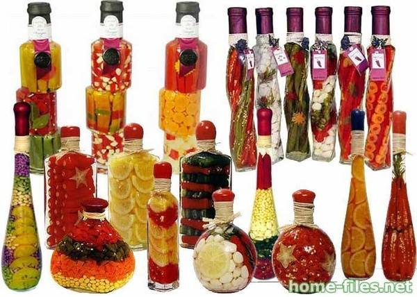 Декоративные бутылки с овощами или фруктами