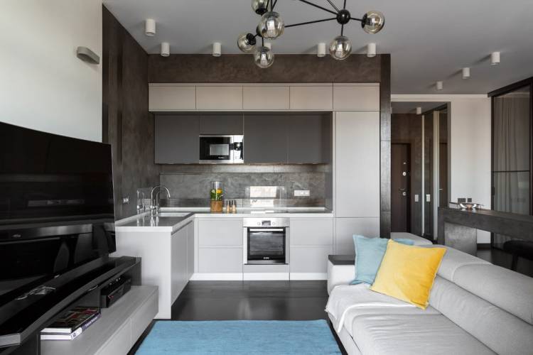 Дизайн кухни гостиной в серых тонах: 104+ идей дизайна