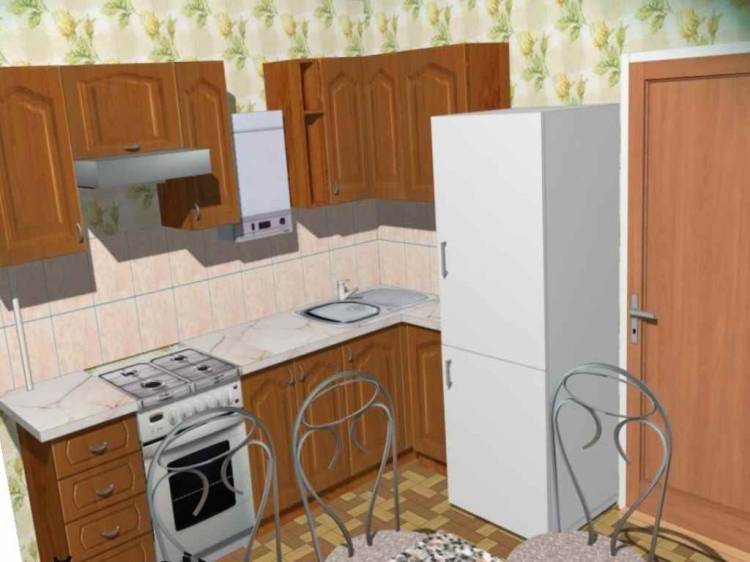 Интерьер кухни хрущевки с колонкой и холодильником