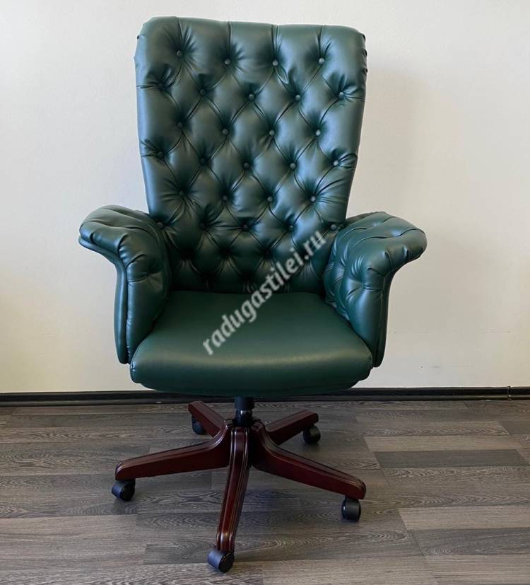 Кресло руководителя из зеленой кожи Лаурис, каретная стяж