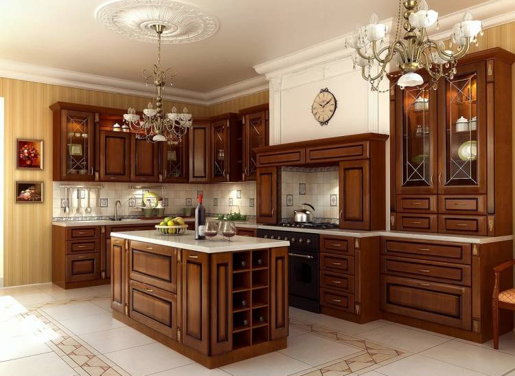 Кухня Ланжерон угловая в классическом стиле коричневого цвета для большой комнаты на заказ в Москве и Московской области