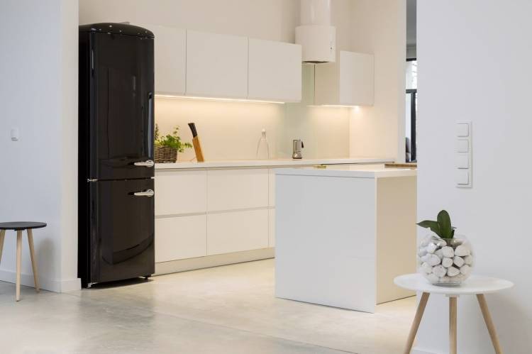 Черный холодильник в интерьере белой кухни