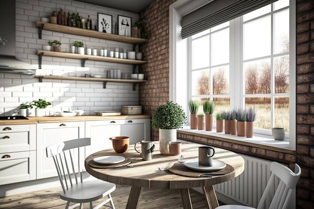 Уютный кухонный стол и панорамное окно столовая в скандинавском стиле кирпичная стена деревянные полки