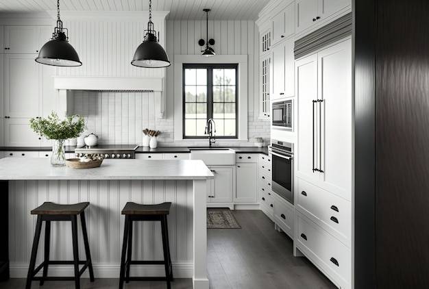 Красивая белая кухня в роскошном доме в стиле современного фермерского дома с темными акцентами