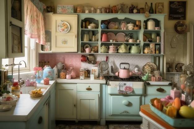 Кухня в стиле шебби-шик с состаренными шкафами, керамической плиткой ручной росписи и винтажными аксессуарами