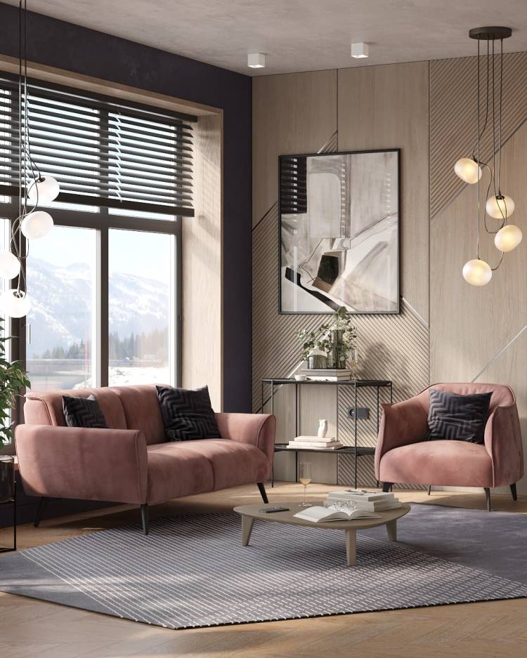 Розовый диван Oscar и кресло Vivo в интерьере кухни-гостиной