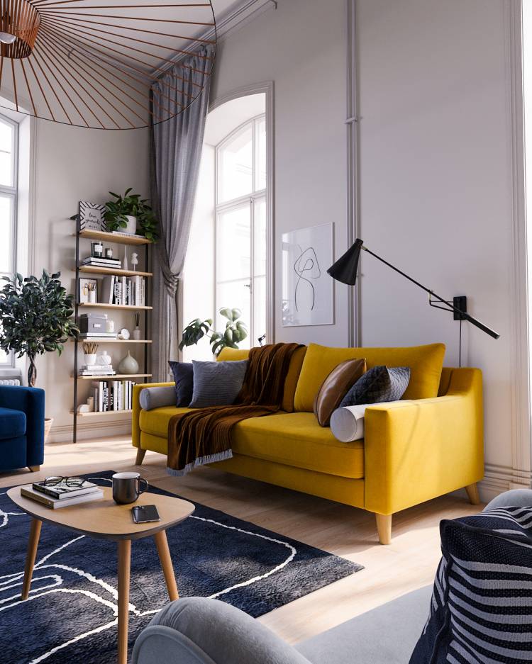 Желтый диван в интерьере гостиной