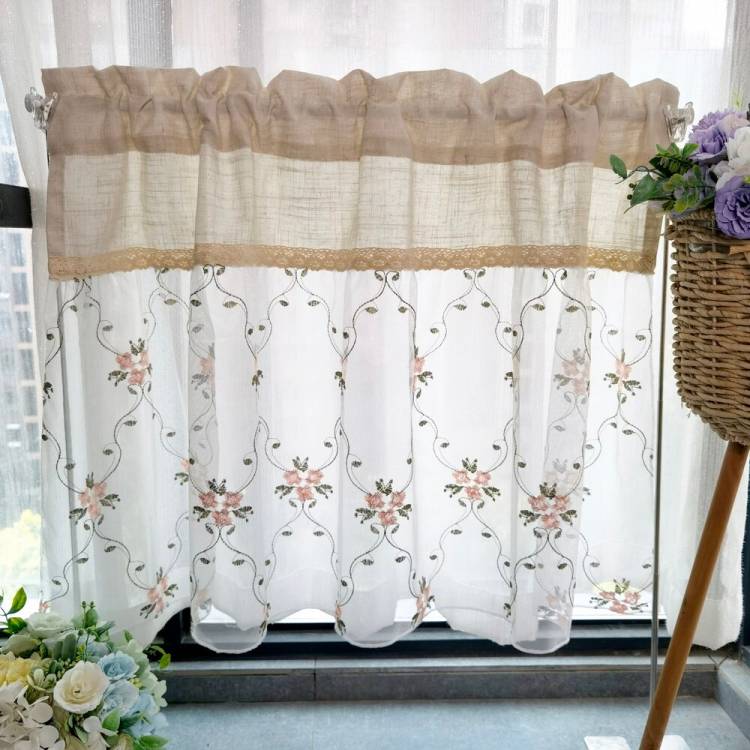 Японские льняные шторы с цветочным рисунком, Короткие Занавески для гостиной, балкона, полупрозрачные кофейные, для кухни