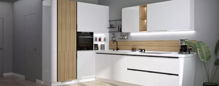 Белая глянцевая кухня в интерьер