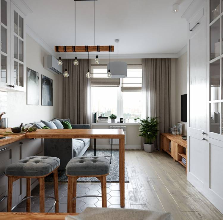 Кухня гостиная в скандинавском стиле в проекте двухкомнатной квартиры