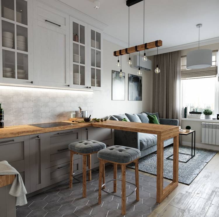 Кухня гостиная в скандинавском стиле в проекте двухкомнатной квартиры