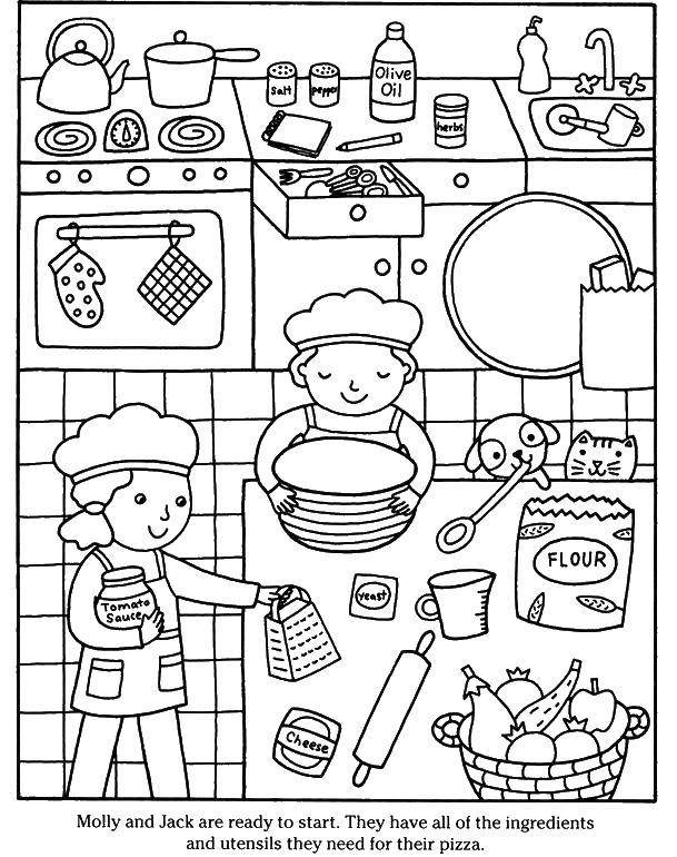 Раскраски Раскраска Дети убирают кухню кухня, скачать распечатать раскраски