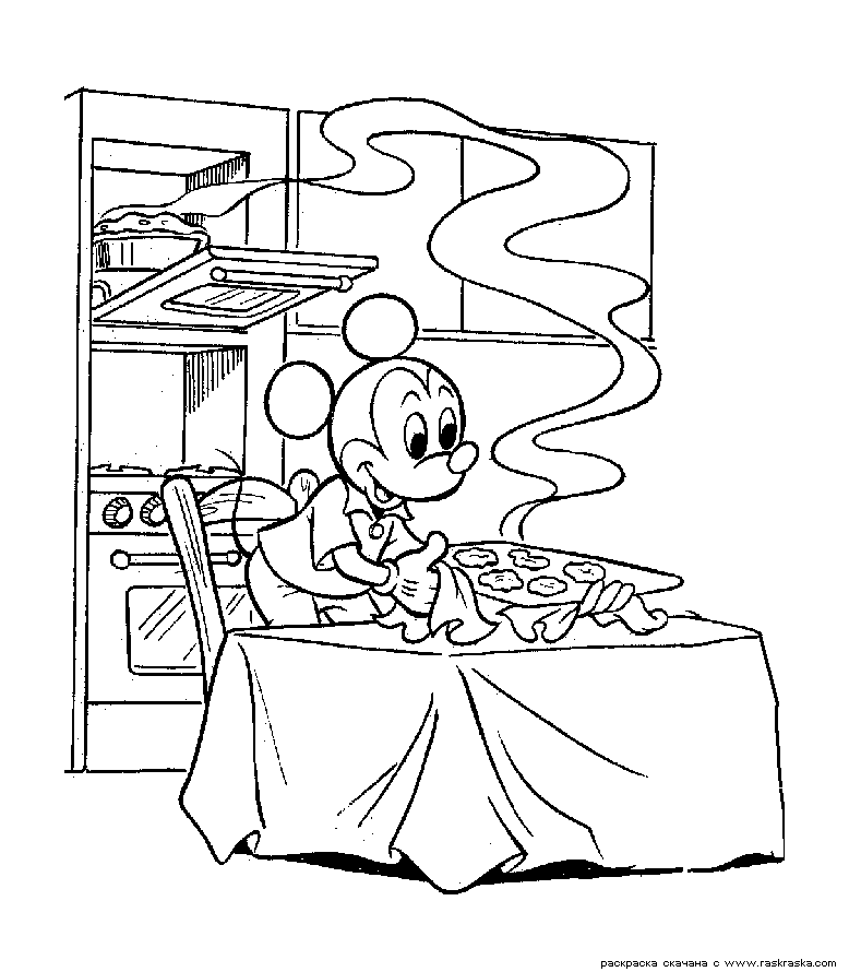 Раскраска Блюдо готово (Разукрашка для детей, Микки Маус приготовил ужин на кухне для Мини Маус, рисунки для раскрашивания детьми)