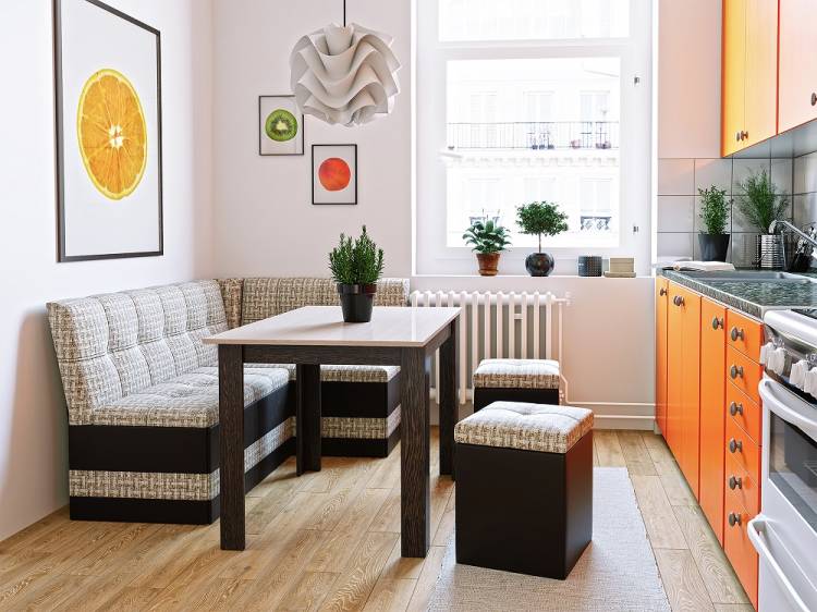 Кухонный уголок, размеры, типы конструкций дивана и стол