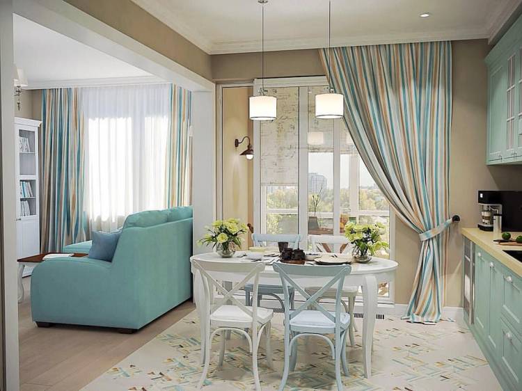 Дизайн и фото подбор штор совмещенной гостиной с кухней