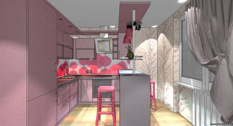 Дизайн кухни в розовом цвет