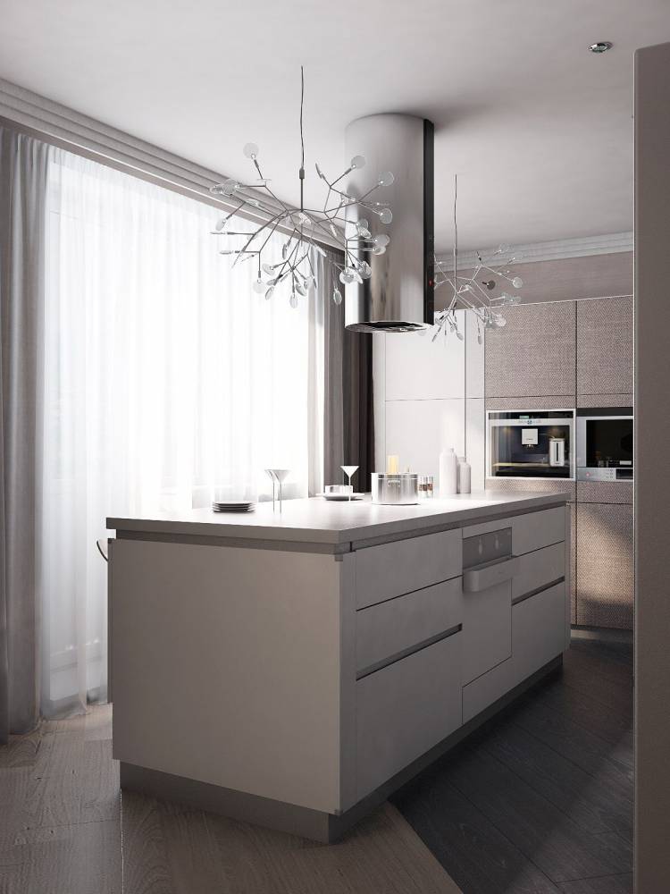 Кухонная зона, кухня с островом, кухонный гарнитур в современном стиле, кухня в стиле фьюж