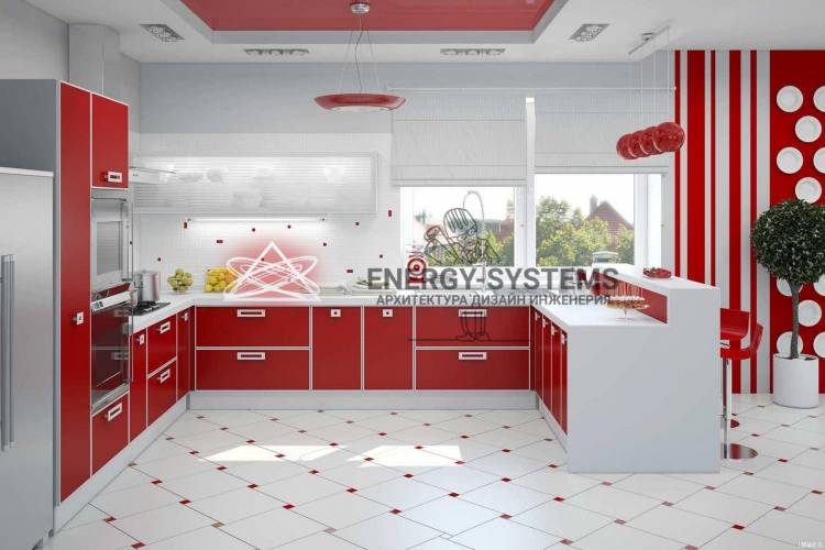 Интерьер красно-белой кухни