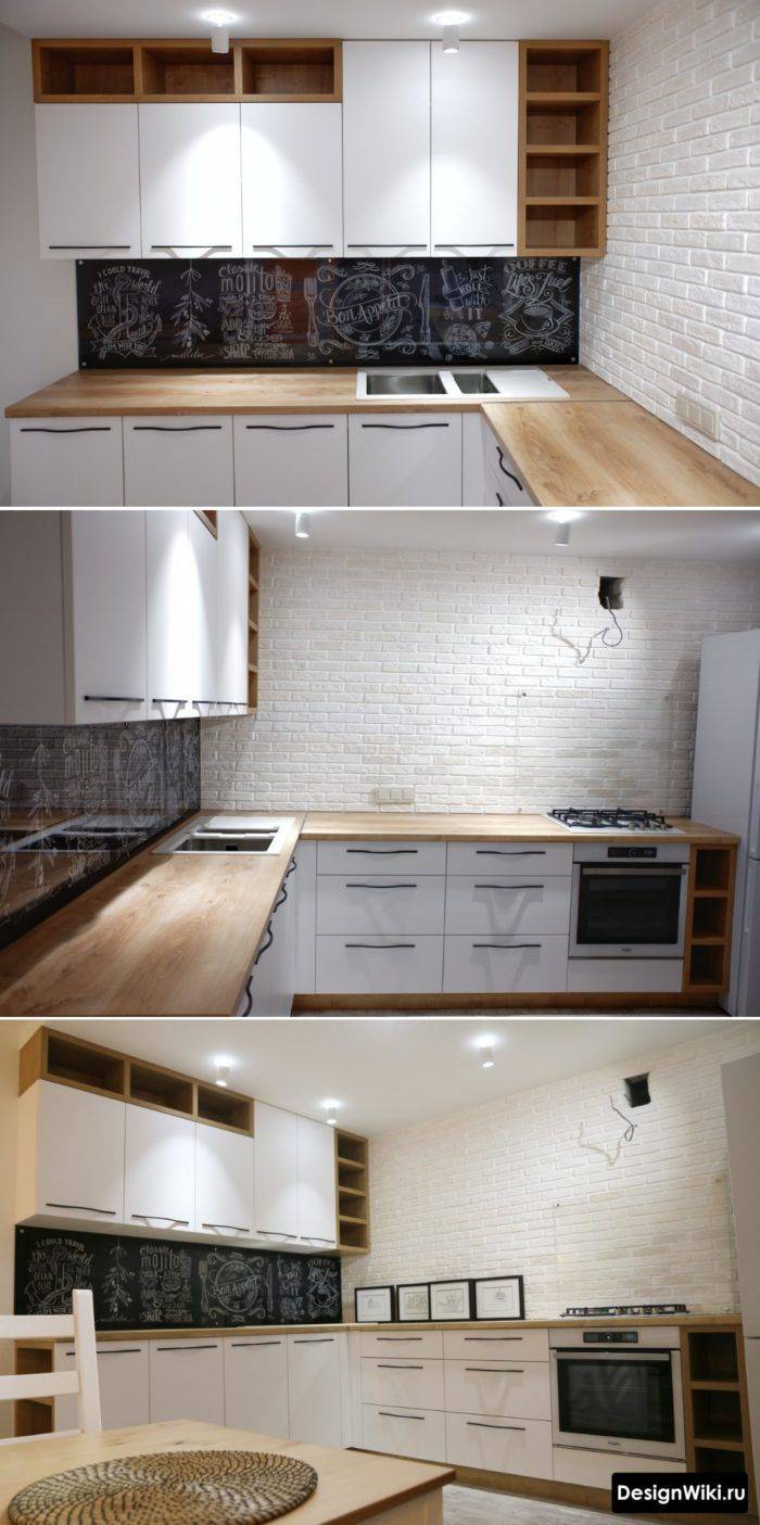 Современная угловая кухня без верхних шкафов с одной стороны