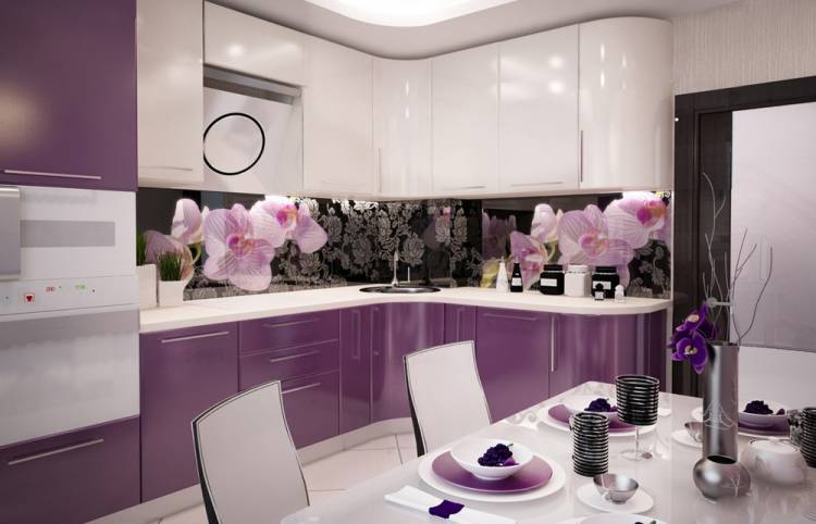 Красивый фиолетовый кухонный гарнитур на заказ с радиусными фасадами