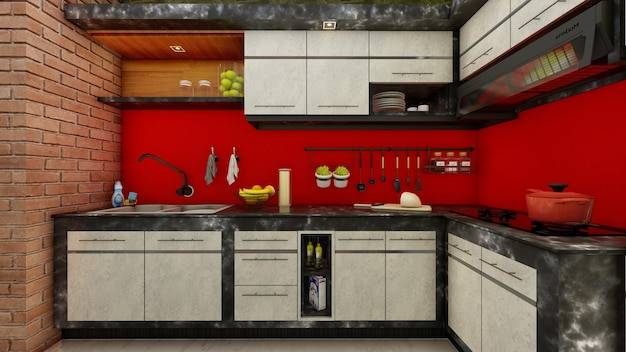 Дизайн интерьера кухни в современном стиле с темно-красными стенами