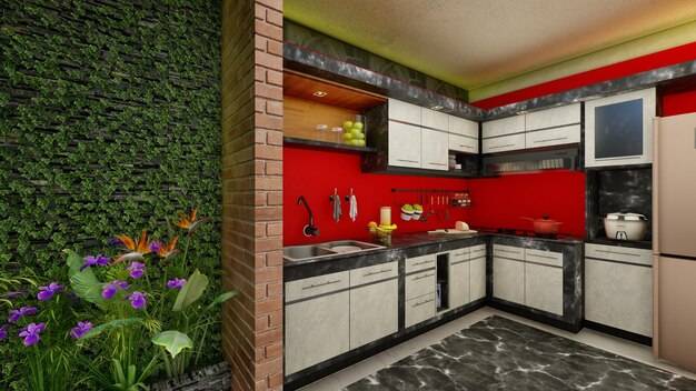 Дизайн интерьера кухни в современном стиле с темно-красными стенами