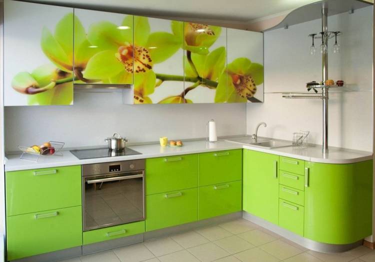 Зеленые кухни рисунком на фасаде, зеленую кухню МДФ с рисунком на заказ от производителя