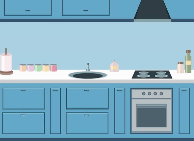 Стильный синий дизайн кухни со встроенной плитой, раковиной и холодильником