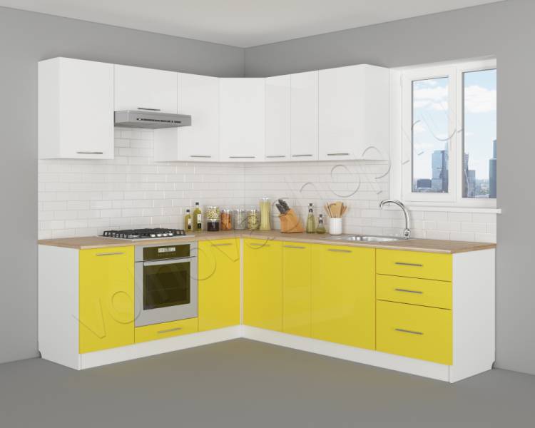 Угловой кухонный гарнитур с окном белый и жёлтый структурный гля