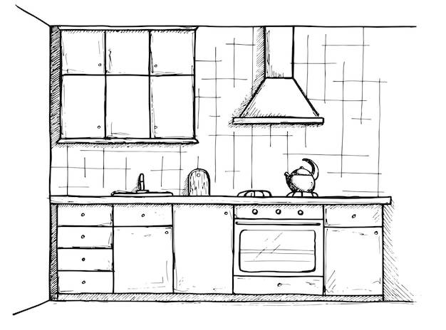 Эскиз кухни план кухни в линейном стиле векторная иллюстрация