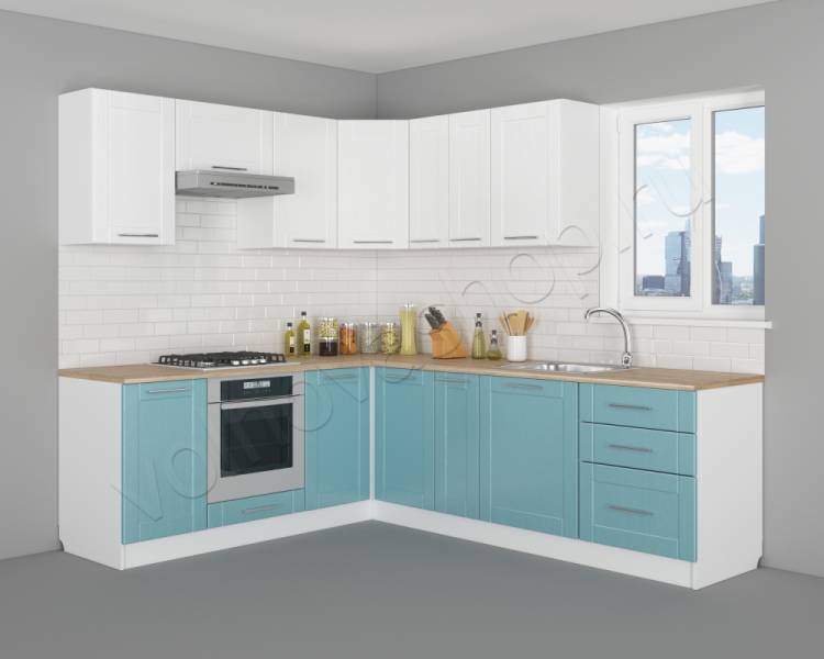 Угловой кухонный гарнитур с окном роялвуд белый и голубой