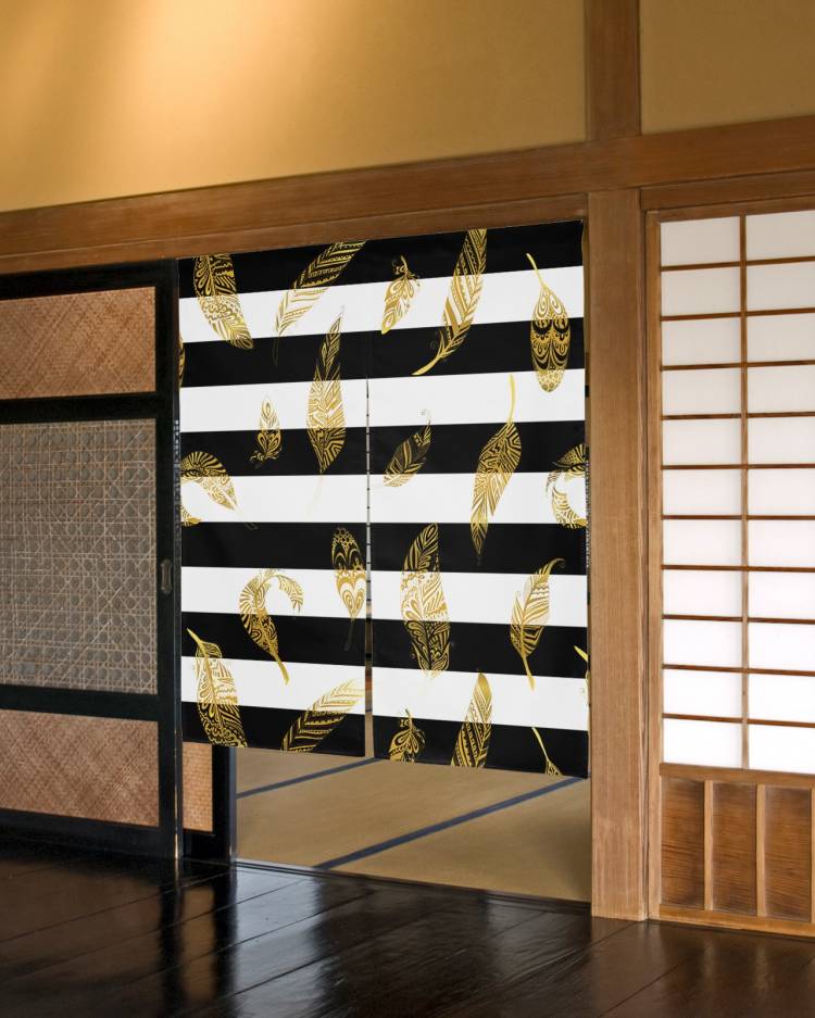 Золотые перья черные полосы дверные занавески японская перегородка для кухни Декоративные занавески вход подвесная полузанавес