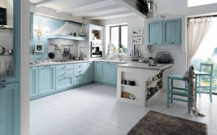 Дизайн кухни в голубом цвет