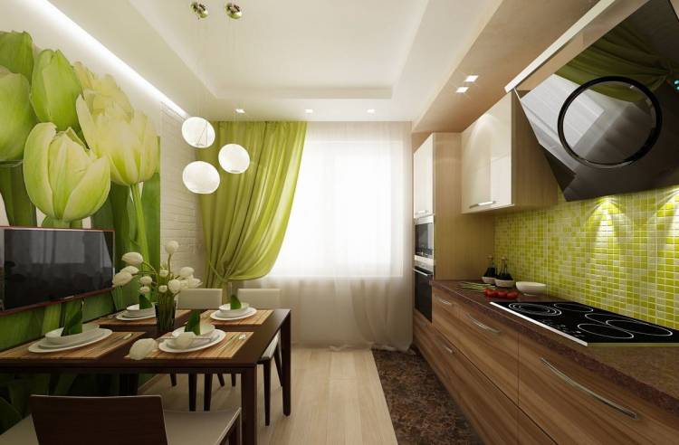 Оливковые шторы и занавески в интерьере кухни и спальни