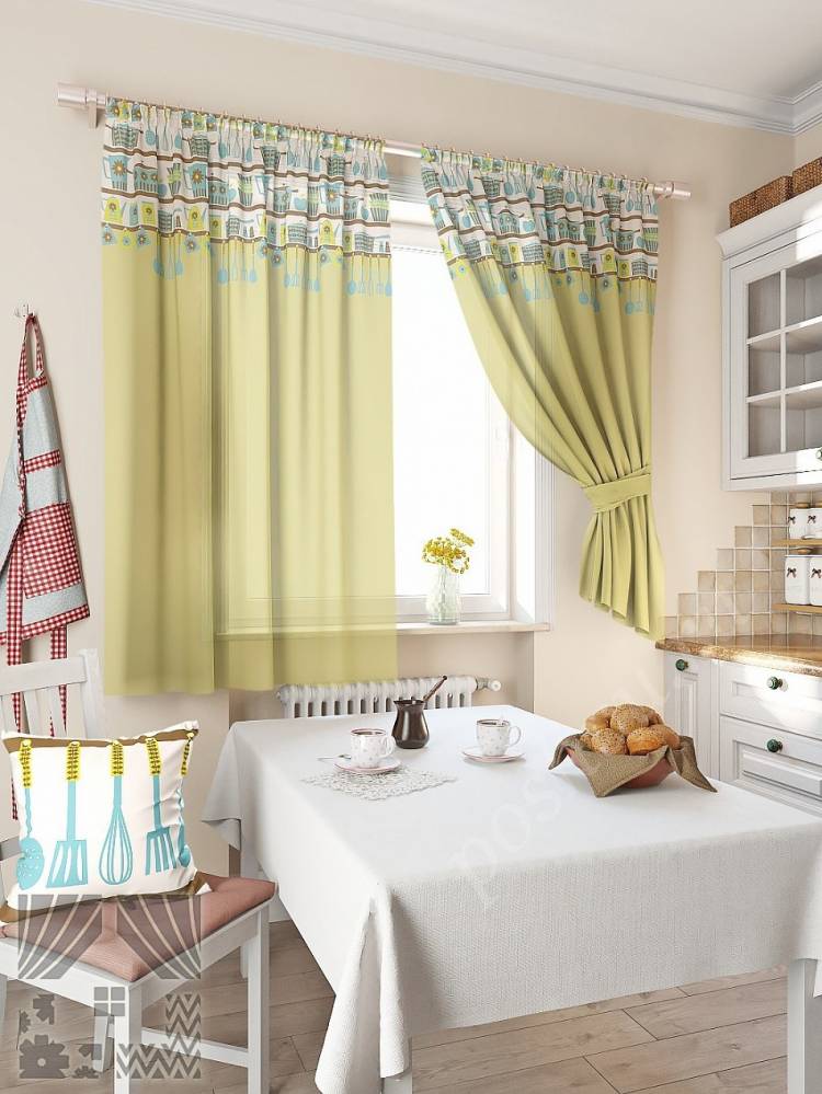 Оригинальный комплект штор для кухни оливкового цвета с принтом на кухонную тематику, готовые шторы в интернет магазине дешев