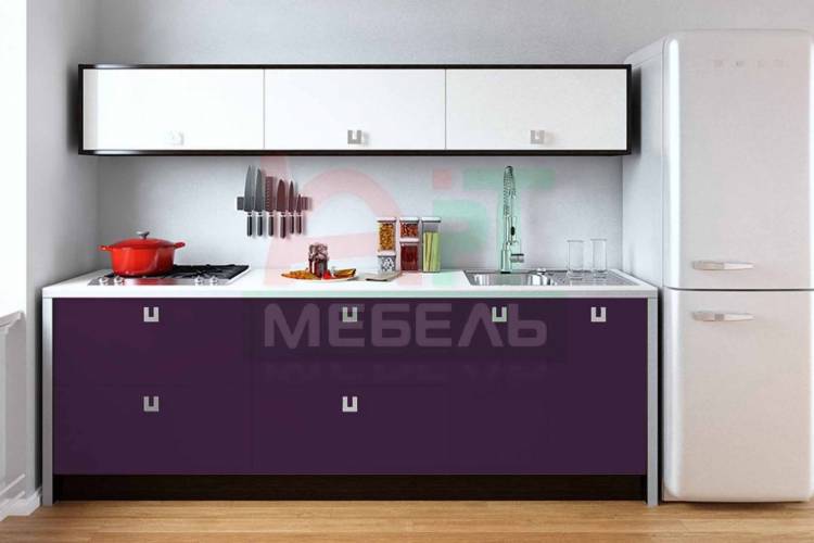 Кухня по вашим размерам с нежными фасадами фиолетового цвет