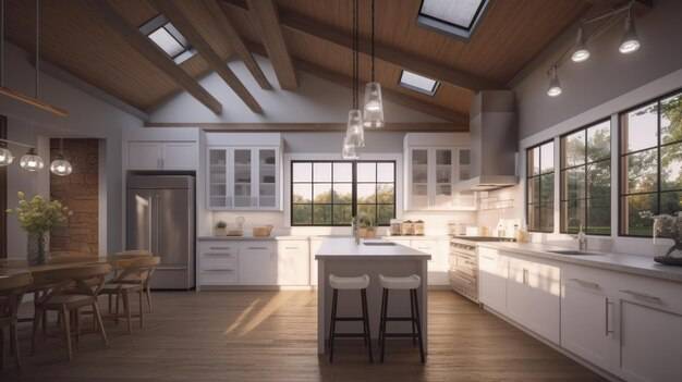 Современная просторная кухня в стиле кантри с обеденной зоной, белые шкафы, деревянный кухонный остров с рабочим