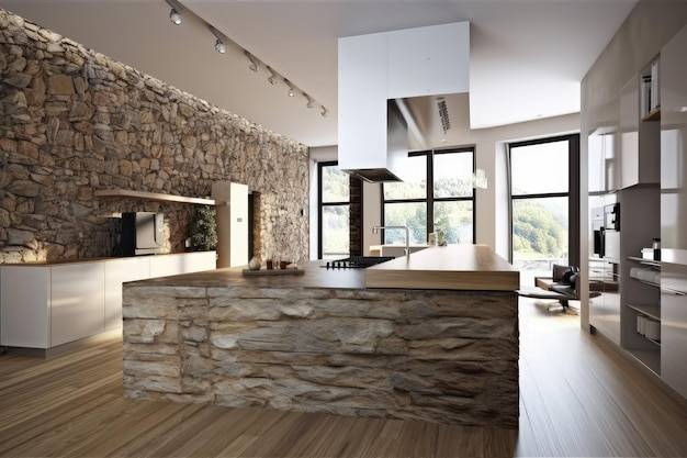 Деревенская кухня с каменными стенами и деревянными полами generative ai
