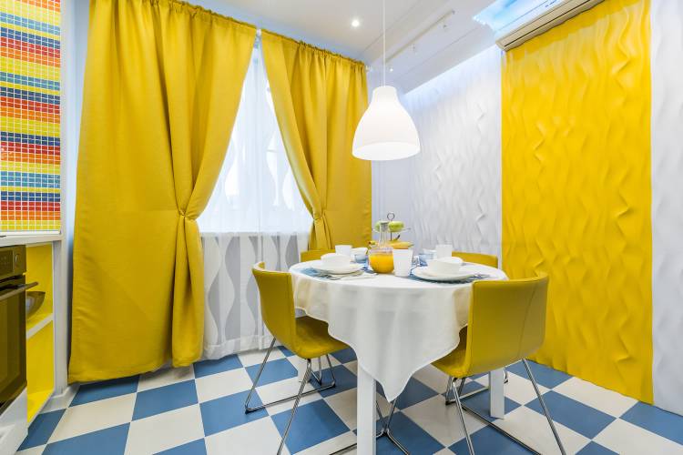 Желтые шторы в интерьере кухни, детской, спальни и гостиной, фот