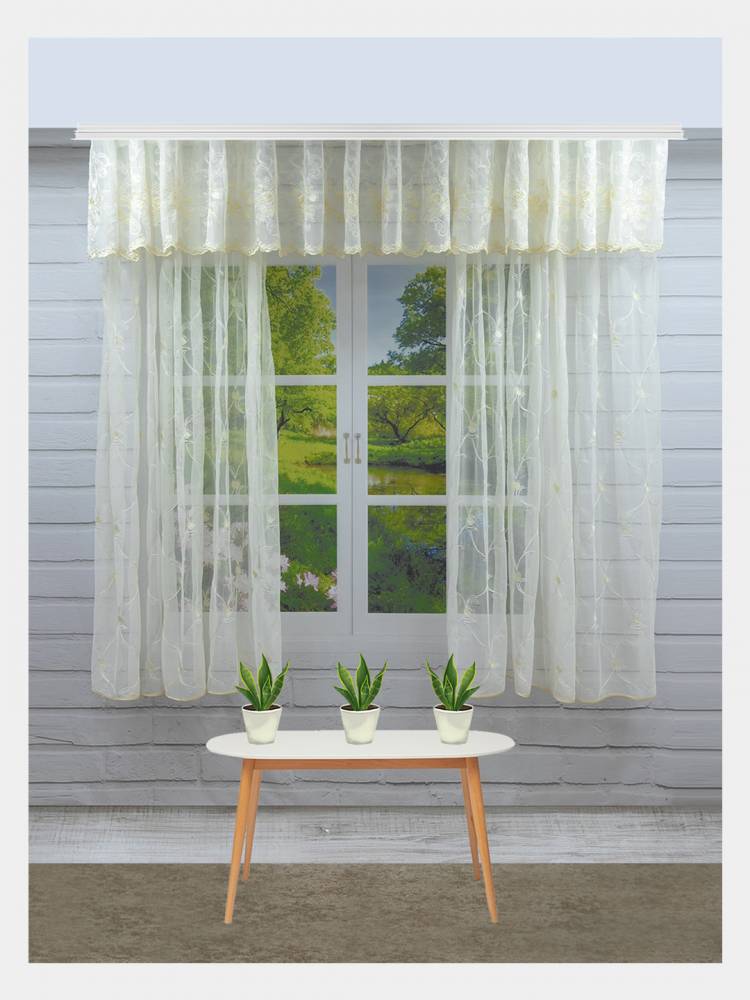 Комплект штор для кухни с ламбрекеном из сетки с вышивкой